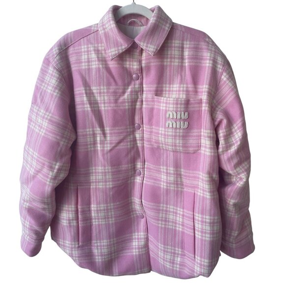 Miu Miu Pink & White Plaid Wool Button-Up Shirt Jacket Womens - Picture 1 of 13